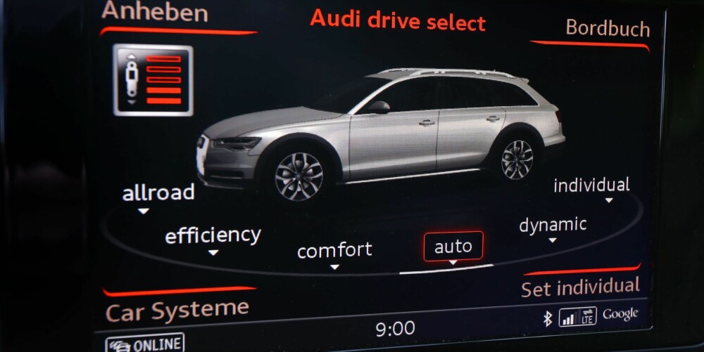 I MODUS: Audi A6 Allroad har kjøremodus som passer i alle sammenhenger, fra offroad, via komfort og auto til dynamisk. Og har du spesielle ønsker, kan du få det akkurat slik du vil ved å stille inn individuelle valg. Et av få minus: Norsk mangler som betjeningsspråk. I MODUS: Audi A6 Allroad har kjøremodus som passer i alle sammenhenger, fra offroad, via komfort og auto til dynamisk. Og har du spesielle ønsker, kan du få det akkurat slik du vil ved å stille inn individuelle valg. Et av få minus: Norsk mangler som betjeningsspråk.