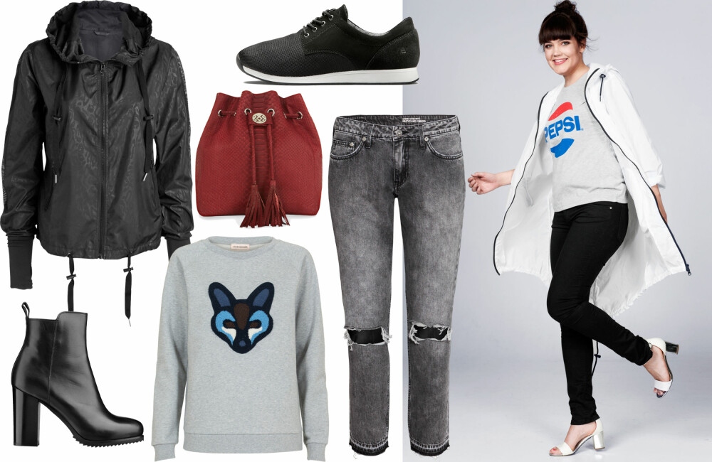SPORTY: Jakke fra Lindex, kr 499. Skinnveske fra Helmer, kr 3299. Sneakers fra H&M, kr 499. Boots fra Apair, kr 2999. Collegegenser fra Costummade, kr 299. Jeans fra Never Denim, kr 599. SPORTY: Jakke fra Lindex, kr 499. Skinnveske fra Helmer, kr 3299. Sneakers fra H&M, kr 499. Boots fra Apair, kr 2999. Collegegenser fra Costummade, kr 299. Jeans fra Never Denim, kr 599.