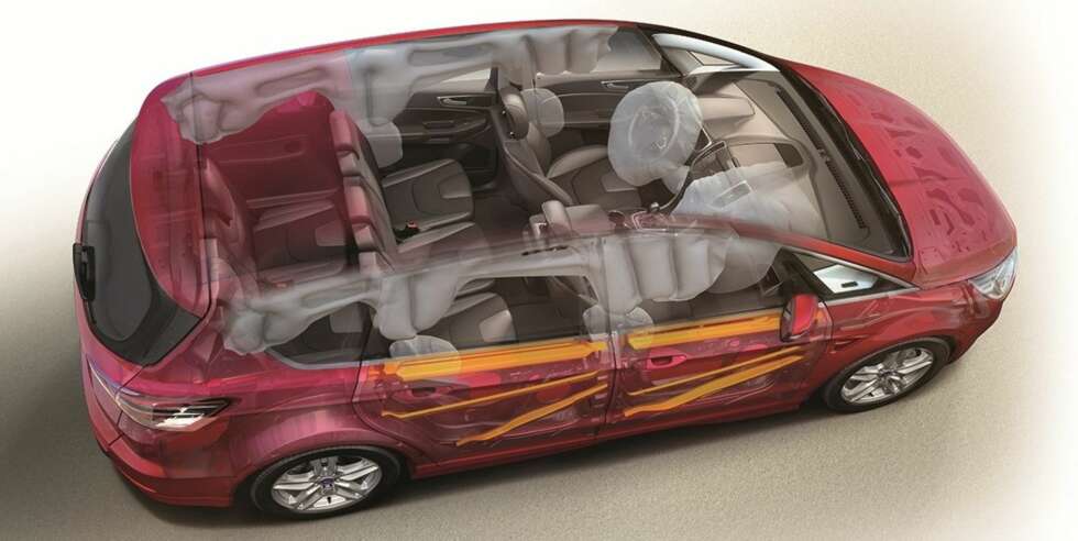 OPPBLÅST: Den innvendige bredden i Ford S-Max er gedigen - de færreste biler rommer tre barneseter i bredden på rad to like enkelt som familie-Forden. Her er alle tilgjengelige kollisjonsputer blåst opp. OPPBLÅST: Den innvendige bredden i Ford S-Max er gedigen - de færreste biler rommer tre barneseter i bredden på rad to like enkelt som familie-Forden. Her er alle tilgjengelige kollisjonsputer blåst opp.