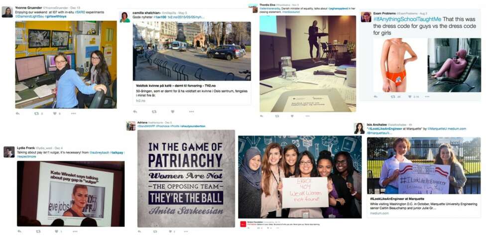 FEMINISTISK: Disse åtte hashtaggene har alle gått viralt i 2015. Øverst fra venstre: #girlswithtoys, #1av100, #jegharopplevd, #IfAnythingSchoolTaughtMe. Nederst fra venstre: #talkpay, #shoutyourabortion, #ToTheGirls, #ILookLikeAnEngeneer. FEMINISTISK: Disse åtte hashtaggene har alle gått viralt i 2015. Øverst fra venstre: #girlswithtoys, #1av100, #jegharopplevd, #IfAnythingSchoolTaughtMe. Nederst fra venstre: #talkpay, #shoutyourabortion, #ToTheGirls, #ILookLikeAnEngeneer.