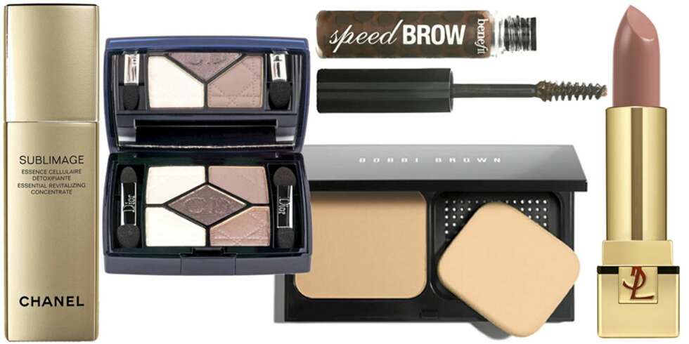 FRA VENSTRE: Chanel Sublimage Essential Revitalizing Concentrate (kr 3280), Dior 5 Couleurs Designer Eye Shadow i fargen Amber Design (kr 500), Bobbi Brown Illumintaing Finish Powder Compact Foundation (kr 365), Benefit Speed Brow Gel (kr 100), YSL Rouge Pur Coture i fargen Beige Tribute (kr 265). FRA VENSTRE: Chanel Sublimage Essential Revitalizing Concentrate (kr 3280), Dior 5 Couleurs Designer Eye Shadow i fargen Amber Design (kr 500), Bobbi Brown Illumintaing Finish Powder Compact Foundation (kr 365), Benefit Speed Brow Gel (kr 100), YSL Rouge Pur Coture i fargen Beige Tribute (kr 265).