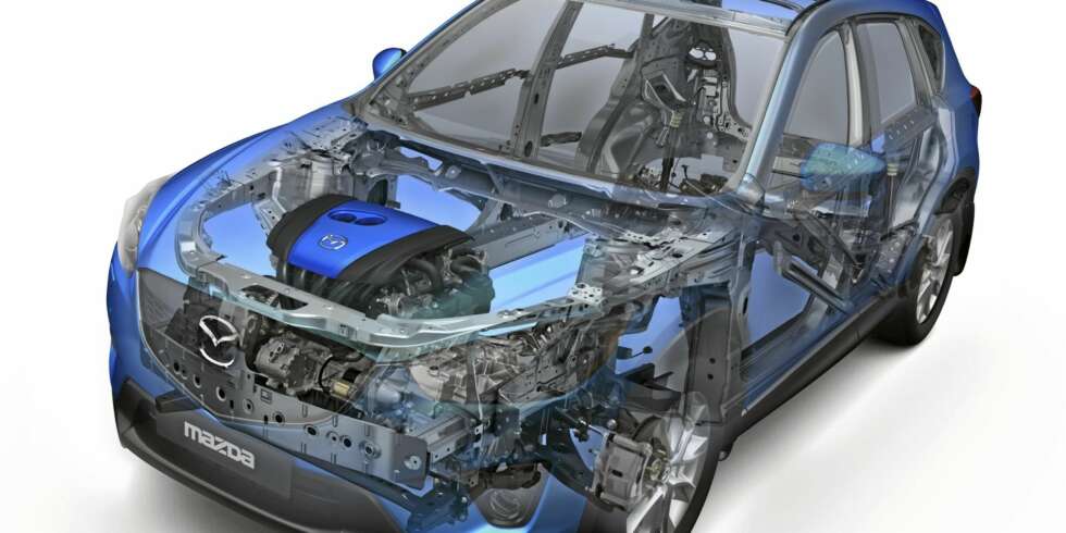 SKYACTIV-TEKNOLOGI: Mazda har utviklet et nytt teknologiprogram for sine framtidige biler, der målet er lavere forbruk og lavere vekt. FOTO: Mazda SKYACTIV-TEKNOLOGI: Mazda har utviklet et nytt teknologiprogram for sine framtidige biler, der målet er lavere forbruk og lavere vekt. FOTO: Mazda