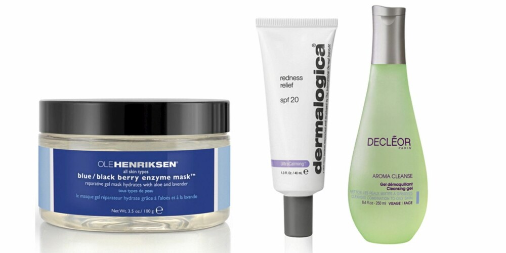 TA VARE PÅ HUDEN: Ole Henriksen Blueblackberry Enzyme Mask byr blant annetn på hyaluronsyre, kr 475. Nyheten Redness Relief fra Dermalogica skal roe ned rødlig og irritert hud, kr 515. Rensegele fra Décleor holder huden ren og pen, kr 199. TA VARE PÅ HUDEN: Ole Henriksen Blueblackberry Enzyme Mask byr blant annetn på hyaluronsyre, kr 475. Nyheten Redness Relief fra Dermalogica skal roe ned rødlig og irritert hud, kr 515. Rensegele fra Décleor holder huden ren og pen, kr 199.