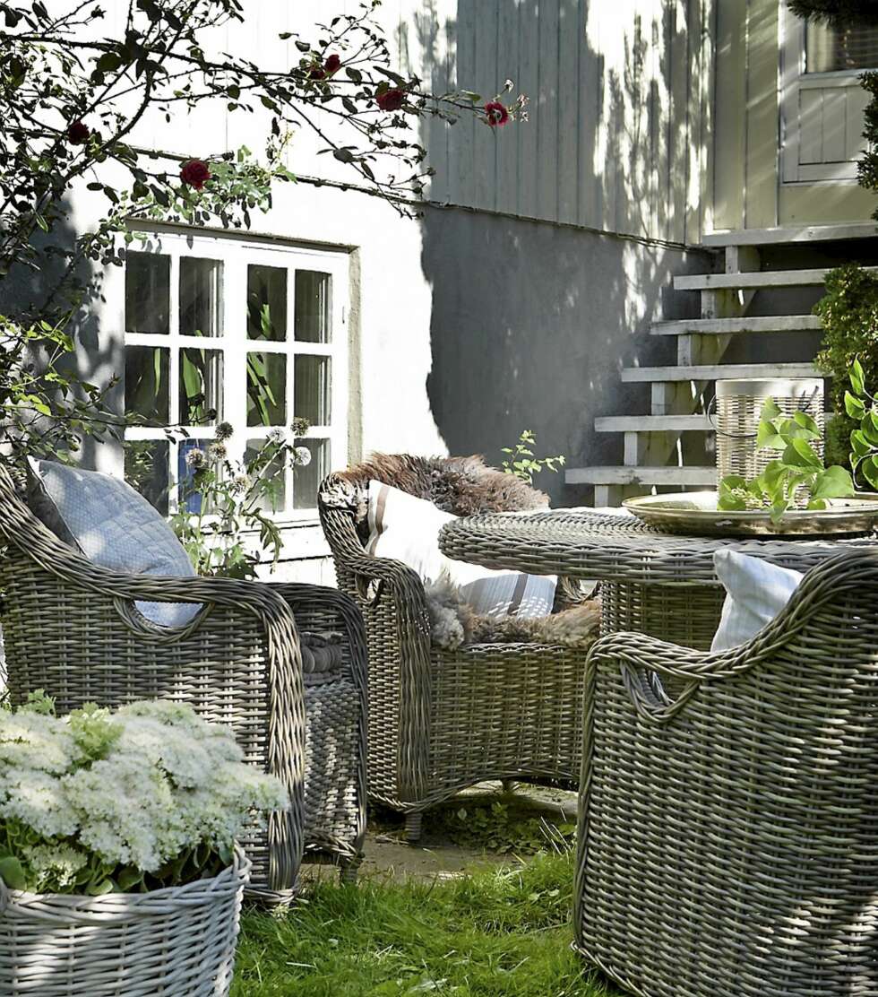 PÅ BILDET: Kurvstoler, kr 4990 per stk., bord, kr 6900 inkl. glassplate, alt fra Ballerud Hagesenter. Stripet pute fra Linum, kr 369, vattert pute fra IB Laursen, kr 325, puten Tyre med striper fra Himla, kr 425, brun velur sittepute fra Riviera Maison, kr 298, stort fat i Marocco-stil, kr 1198, blomsterkurv med sinkpotte fra Broste, kr 798, lykten Resort Lantern, kr 720, alt fra Verket Interiør. Sauefell, kr 1298, Mols. PÅ BILDET: Kurvstoler, kr 4990 per stk., bord, kr 6900 inkl. glassplate, alt fra Ballerud Hagesenter. Stripet pute fra Linum, kr 369, vattert pute fra IB Laursen, kr 325, puten Tyre med striper fra Himla, kr 425, brun velur sittepute fra Riviera Maison, kr 298, stort fat i Marocco-stil, kr 1198, blomsterkurv med sinkpotte fra Broste, kr 798, lykten Resort Lantern, kr 720, alt fra Verket Interiør. Sauefell, kr 1298, Mols.