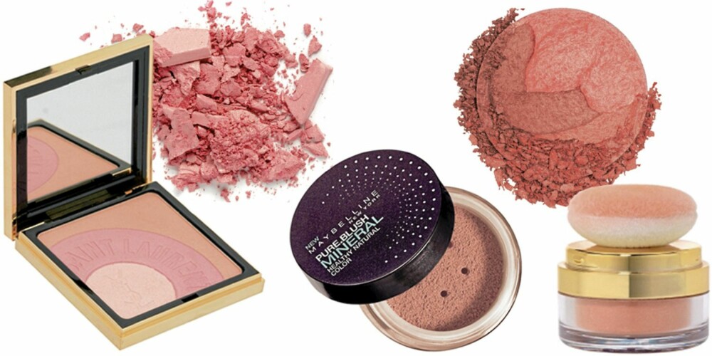 FRA VENSTRE: YSL Complexion Palette nr. 02 (kr 465), Smashbox Blush Rush Flush (kr 285), Maybelline Pure Blush Mineral (kr 125), The Body Shop Blush Trio i fargen Warm Sunset (kr 189), YSL Touche Blush nr. 07 (kr 335). FRA VENSTRE: YSL Complexion Palette nr. 02 (kr 465), Smashbox Blush Rush Flush (kr 285), Maybelline Pure Blush Mineral (kr 125), The Body Shop Blush Trio i fargen Warm Sunset (kr 189), YSL Touche Blush nr. 07 (kr 335).
