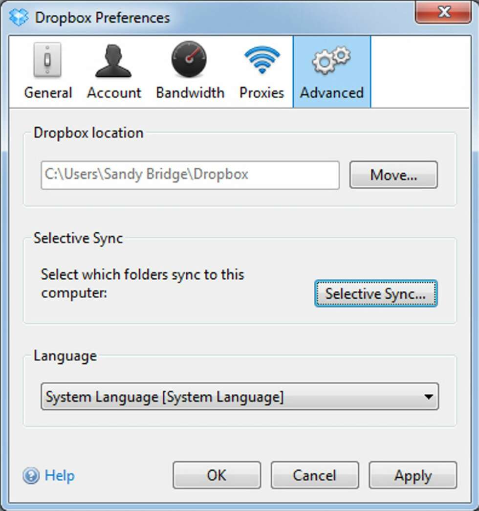 2. SELEKTIV SYNC: Det er ikke alltid man vil synkronisere rubbel og bit. Hvis du f.eks. har synkronisert bildemappen din fra den stasjonære PC-en som en slags online backup, er det ikke sikkert du vil synkronisere denne mappen med den bærbare PC-en. Gå da inn på Preferences for Dropbox på den bærbare PC-en ved å høyreklikke Dropbox-ikonet nede til høyre på oppgavelinjen. Klikk på Advanved og deretter Selective Sync.
Da får du opp en liste over alle mappene som er lagret online på Dropbox. Fjernere du haken ved en mappe, slutter Dropbox da å synkronisere denne for den aktuelle PC-en. 2. SELEKTIV SYNC: Det er ikke alltid man vil synkronisere rubbel og bit. Hvis du f.eks. har synkronisert bildemappen din fra den stasjonære PC-en som en slags online backup, er det ikke sikkert du vil synkronisere denne mappen med den bærbare PC-en. Gå da inn på Preferences for Dropbox på den bærbare PC-en ved å høyreklikke Dropbox-ikonet nede til høyre på oppgavelinjen. Klikk på Advanved og deretter Selective Sync.
Da får du opp en liste over alle mappene som er lagret online på Dropbox. Fjernere du haken ved en mappe, slutter Dropbox da å synkronisere denne for den aktuelle PC-en.