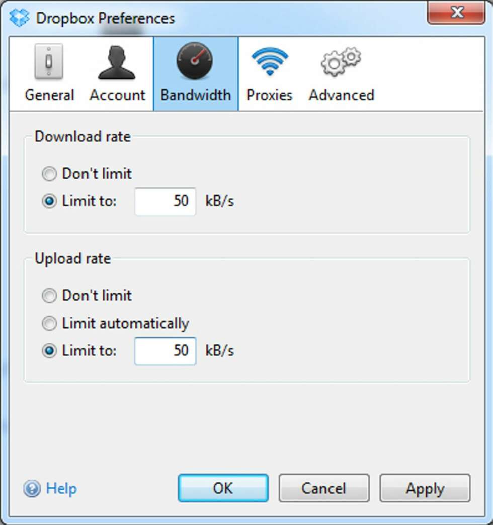 7. BÅNDBREDDESTYRING: Noen ganger er det ønskelig å begrense hvor mye båndbredde Dropbox bruker. Når du nettopp har installert Dropbox på en ny PC eller når du skrur på en PC som ikke er så mye i bruk, kan det være store mengder data som skal lastes ned. Da kan det være kjekt å sette en begrensning på båndbreddebruken. Høyreklikk Dropbox-ikonet nede til høyre på oppgavelinjen og velg Preferences. Klikk deretter på Bandwidth og sett båndbreddebegrensningen manuelt. 7. BÅNDBREDDESTYRING: Noen ganger er det ønskelig å begrense hvor mye båndbredde Dropbox bruker. Når du nettopp har installert Dropbox på en ny PC eller når du skrur på en PC som ikke er så mye i bruk, kan det være store mengder data som skal lastes ned. Da kan det være kjekt å sette en begrensning på båndbreddebruken. Høyreklikk Dropbox-ikonet nede til høyre på oppgavelinjen og velg Preferences. Klikk deretter på Bandwidth og sett båndbreddebegrensningen manuelt.