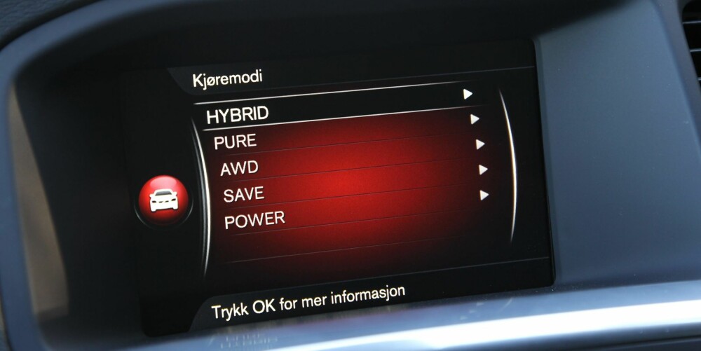 MANGE VALG: Volvo V60 D5 Twin Engine kan kjøres i en rekke kjøremodi ut fra hva som passer best. Den ordner imidlertid fint opp i det meste automatisk om du lar den stå i standardinnstillingen "hybrid". MANGE VALG: Volvo V60 D5 Twin Engine kan kjøres i en rekke kjøremodi ut fra hva som passer best. Den ordner imidlertid fint opp i det meste automatisk om du lar den stå i standardinnstillingen "hybrid".