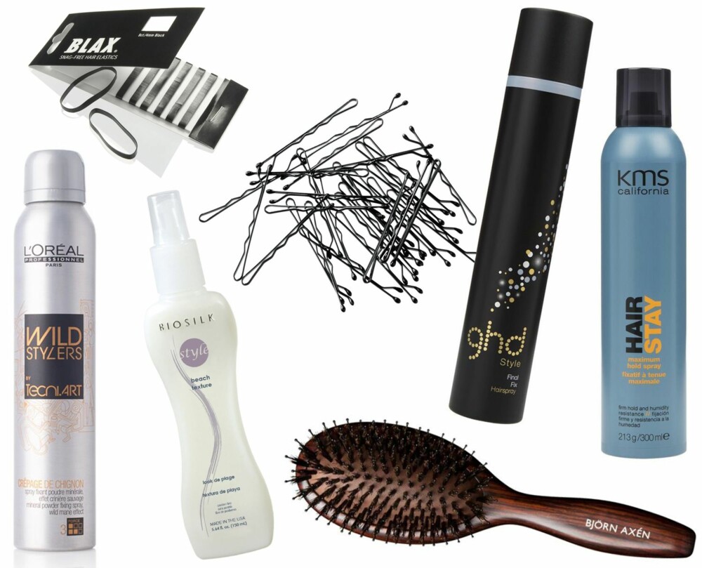 STYLINGPRODUKTER: L'Oréal Professionnel Wild Stylers Crêpage de Chignon, kr 229. Blax hårstrikker, kr 79. Biosilk Style Beach Spray, kr 199. Hårnåler fra H&M, kr 19,50. Hårbørste fra Bjørn Axén, kr 380. Ghd Style Final Fix Hairspray, kr 239. KMS Hair Stay Maximum Hold Spray, kr 199. STYLINGPRODUKTER: L'Oréal Professionnel Wild Stylers Crêpage de Chignon, kr 229. Blax hårstrikker, kr 79. Biosilk Style Beach Spray, kr 199. Hårnåler fra H&M, kr 19,50. Hårbørste fra Bjørn Axén, kr 380. Ghd Style Final Fix Hairspray, kr 239. KMS Hair Stay Maximum Hold Spray, kr 199.