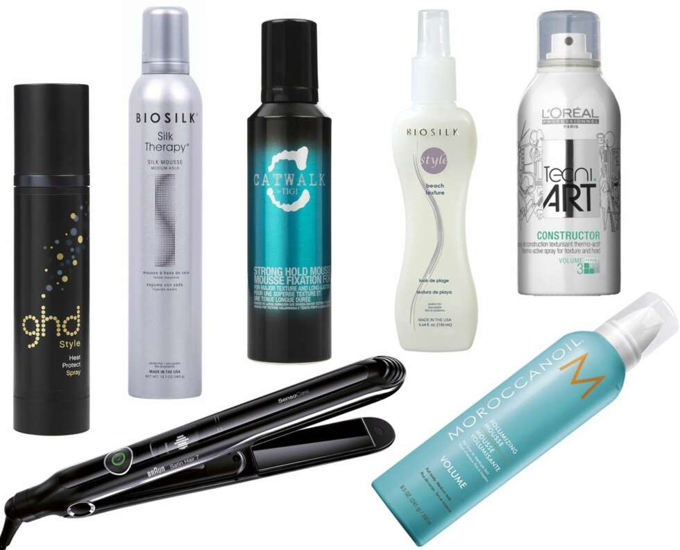 STYLINGPRODUKTER (f.v.): Braun Satin Hair 7 Senso Care rettetang, kr 899. Ghd Style Heat Protect Spray, kr 239. Biosilk Silk Therapy Silk Mousse, kr 219. Tigi Catwalk Strong Hold Mousse, kr 149. Moroccanoil Volumizing Mousse, kr 225. Biosilk Style Beach Texture, kr 199. L'Oréal Professionnel Tecni Art Constructor, kr 149. STYLINGPRODUKTER (f.v.): Braun Satin Hair 7 Senso Care rettetang, kr 899. Ghd Style Heat Protect Spray, kr 239. Biosilk Silk Therapy Silk Mousse, kr 219. Tigi Catwalk Strong Hold Mousse, kr 149. Moroccanoil Volumizing Mousse, kr 225. Biosilk Style Beach Texture, kr 199. L'Oréal Professionnel Tecni Art Constructor, kr 149.