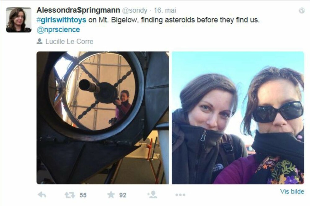 BRA DAMER: Alessondra Springman og en kollega, samt noe av utstyret de bruker for å lete etter asteroider. BRA DAMER: Alessondra Springman og en kollega, samt noe av utstyret de bruker for å lete etter asteroider.