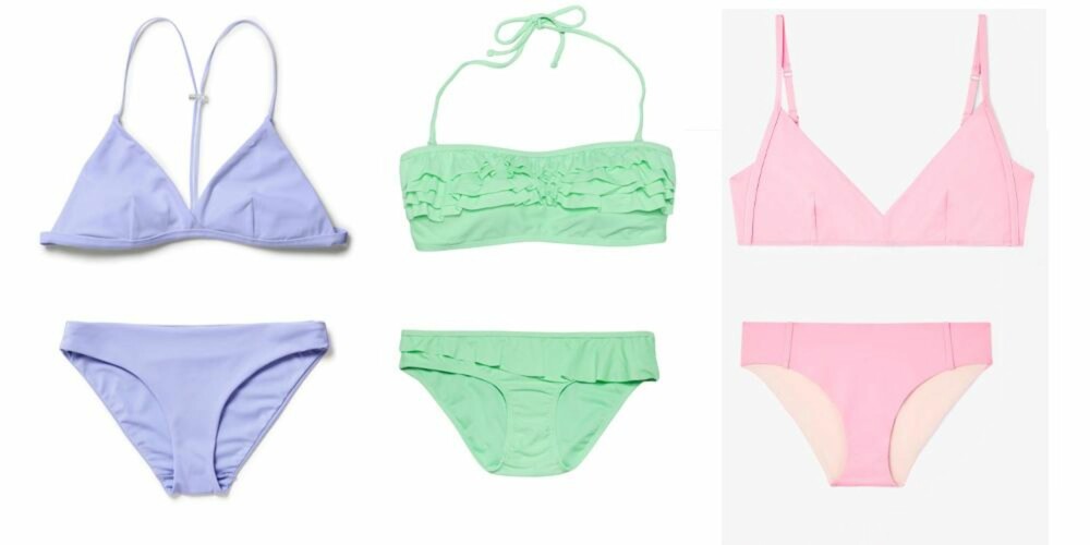 PASTELLER: Fra venstre: Lilla bikini fra Weekday, kr 129 per del. Grønn fra Bik Bok, kr 120 per del. Rosa fra COS, kr 190 per del PASTELLER: Fra venstre: Lilla bikini fra Weekday, kr 129 per del. Grønn fra Bik Bok, kr 120 per del. Rosa fra COS, kr 190 per del