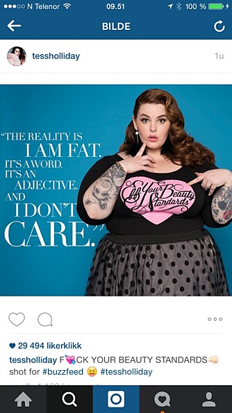 Tess Holliday bruker Instagram-kontoen sin til å fremme kroppsaksept. Tess Holliday bruker Instagram-kontoen sin til å fremme kroppsaksept.