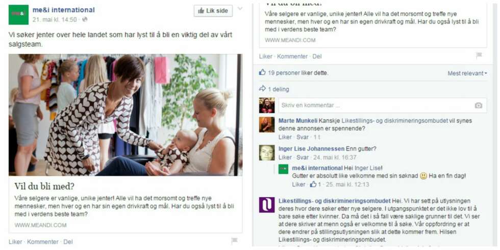 EKSEMPEL PÅ KJØNNET ANNONSE: I dette tilfellet ble ombudet tagget i et kommentarfelt. EKSEMPEL PÅ KJØNNET ANNONSE: I dette tilfellet ble ombudet tagget i et kommentarfelt.
