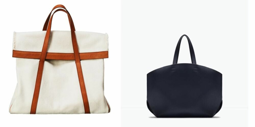 CHIC: Brun og hvit veske fra H&M, 249 kroner. Mørkeblå veske fra Zara, 299 kroner. CHIC: Brun og hvit veske fra H&M, 249 kroner. Mørkeblå veske fra Zara, 299 kroner.