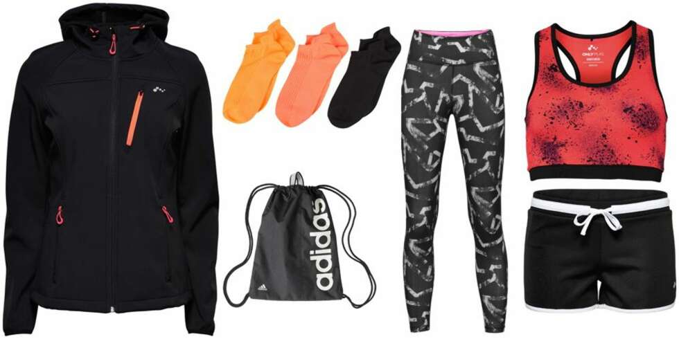 FUNKSJONELLE PLAGG: Det finnes masse fine treningsklær til en billig penge. Som her: Softshelljakke fra Only Play, 160 kroner. 3-pac med sokker fra Nelly.com, 99 kroner. Tøypose fra Adidas, 114 kroner. Treningstights fra H&M, 140 kroner. Sports-BH fra Only Play, 160 kroner. Shorts fra Only Play, 180 kroner. FUNKSJONELLE PLAGG: Det finnes masse fine treningsklær til en billig penge. Som her: Softshelljakke fra Only Play, 160 kroner. 3-pac med sokker fra Nelly.com, 99 kroner. Tøypose fra Adidas, 114 kroner. Treningstights fra H&M, 140 kroner. Sports-BH fra Only Play, 160 kroner. Shorts fra Only Play, 180 kroner.