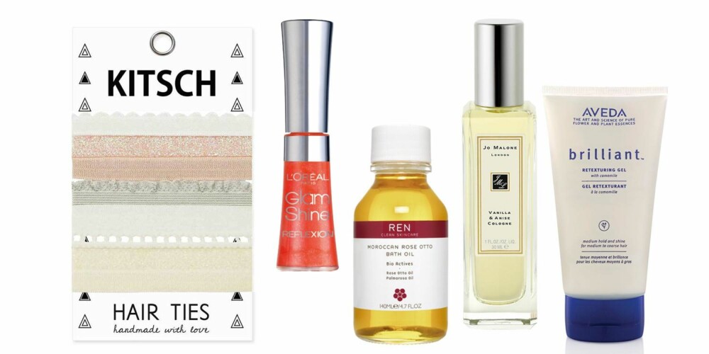 NYTT PÅ HYLLA: Hårstrikker fra Kitsch, kr 85. L´Oréal Glam Shine, kr 120. REN Moroccan Rose Otto Bath Oil, kr 495. Jo Malone Vanilla & Anise Cologne, ca kr 450. Aveda Brilliant Retexturing Gel, kr 237. NYTT PÅ HYLLA: Hårstrikker fra Kitsch, kr 85. L´Oréal Glam Shine, kr 120. REN Moroccan Rose Otto Bath Oil, kr 495. Jo Malone Vanilla & Anise Cologne, ca kr 450. Aveda Brilliant Retexturing Gel, kr 237.