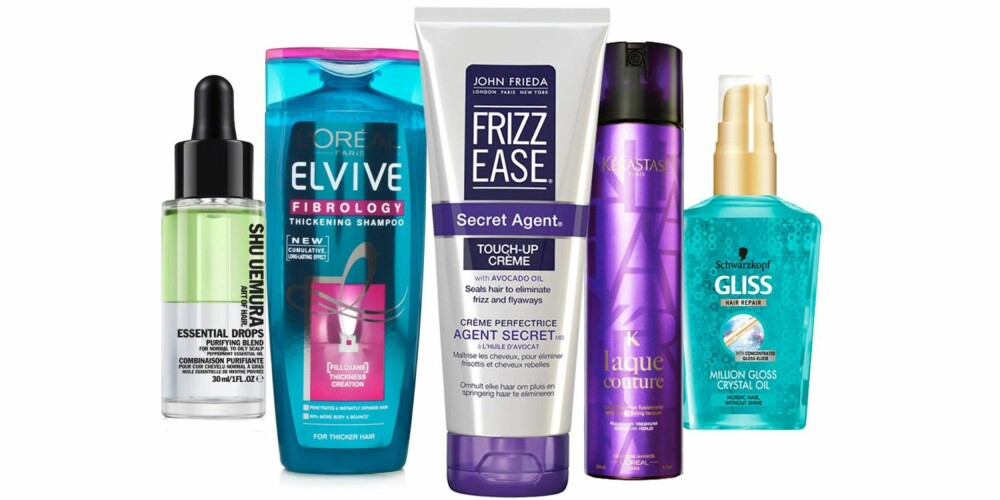 GODE PRODUKTER: Fra venstre: Shu Uemura Essetial Drops Purifying Blend, kr 480. L´Oréal Fibrology Thickening Shampo, kr 59. John Frieda Frizz Ease Finishing Cream, kr 109. Kérastase
Laque Couture Hair Spray, kr 275. Schwarzkopf Gliss Million Gloss Crystal Oil, kr 99. GODE PRODUKTER: Fra venstre: Shu Uemura Essetial Drops Purifying Blend, kr 480. L´Oréal Fibrology Thickening Shampo, kr 59. John Frieda Frizz Ease Finishing Cream, kr 109. Kérastase
Laque Couture Hair Spray, kr 275. Schwarzkopf Gliss Million Gloss Crystal Oil, kr 99.