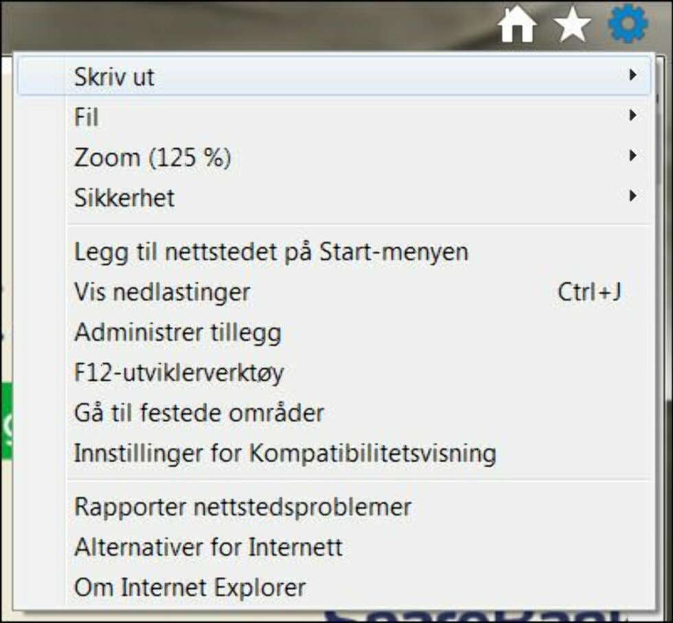 FUNKSJONER: Trykk på tannhjulet til høyre for å få tilgang til denne menyen i Internet Explorer. FUNKSJONER: Trykk på tannhjulet til høyre for å få tilgang til denne menyen i Internet Explorer.