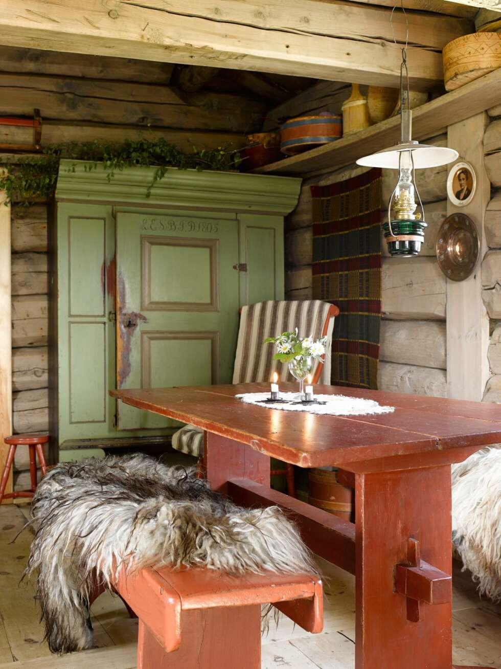 SPISEBORD: Spisekroken i stuen sett fra sofaen. Fargene på møblene som har stått på setra lenge harmonerer fint med gløden fra tømmerveggene. Om kvelden tennes parafinlampen.
SPISEBORD: Spisekroken i stuen sett fra sofaen. Fargene på møblene som har stått på setra lenge harmonerer fint med gløden fra tømmerveggene. Om kvelden tennes parafinlampen.