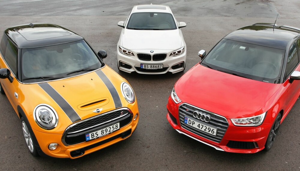 POTENT TRIO: Kjapp, kjappere kjappest, om du starter i BMW, fortsetter i Mini og avslutter i Audi S1 - en av de raskeste bilene vi har testet. POTENT TRIO: Kjapp, kjappere kjappest, om du starter i BMW, fortsetter i Mini og avslutter i Audi S1 - en av de raskeste bilene vi har testet.