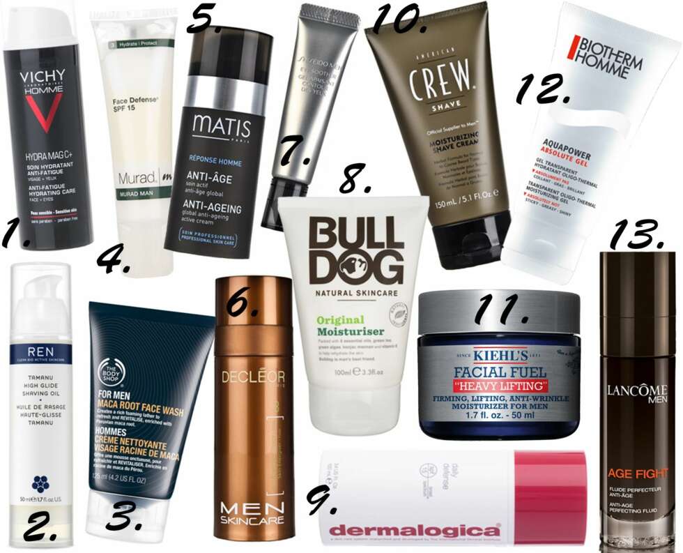 HUDPRODUKTER FOR MENN: <b>1.</b> Vichy Homme Hydra Mag C+ Anti-Fatigue Hydrating Care Face + Eyes, kr 179. <b>2.</b> REN Tamanu High Glide Shaving Oil, kr 295. <b>3.</b> The Body Shop For Men Maca Root Face Wash, kr 169. <b>4.</b> Murad Man Face Defense SPF 15, kr 435. <b>5.</b> Matis Réponse Homme Anti-Ageing Global Anti-Aging Active Cream, kr 559. <b>6.</b> Decléor Men Skincare Skin Energiser Fluid, kr 599. <b>7.</b> Shiseido Men Eye Soother, kr 489. <b>8.</b> Bulldog Original Moisturiser, kr 129. <b>9.</b> Dermalogica Daily Defense SPF 15, kr 490. <b>10.</b> American Crew Moisturizing Shave Cream, kr 220. <b>11.</b> Kiehl's Facial Fuel Heavy Lifting, kr 320. <b>12.</b> Biotherm Homme Aquapower Absolute Gel, kr 375. <b>13.</b> Lancôme Men Age Fight Anti-Age Perfecting Fluid, kr 510. HUDPRODUKTER FOR MENN: <b>1.</b> Vichy Homme Hydra Mag C+ Anti-Fatigue Hydrating Care Face + Eyes, kr 179. <b>2.</b> REN Tamanu High Glide Shaving Oil, kr 295. <b>3.</b> The Body Shop For Men Maca Root Face Wash, kr 169. <b>4.</b> Murad Man Face Defense SPF 15, kr 435. <b>5.</b> Matis Réponse Homme Anti-Ageing Global Anti-Aging Active Cream, kr 559. <b>6.</b> Decléor Men Skincare Skin Energiser Fluid, kr 599. <b>7.</b> Shiseido Men Eye Soother, kr 489. <b>8.</b> Bulldog Original Moisturiser, kr 129. <b>9.</b> Dermalogica Daily Defense SPF 15, kr 490. <b>10.</b> American Crew Moisturizing Shave Cream, kr 220. <b>11.</b> Kiehl's Facial Fuel Heavy Lifting, kr 320. <b>12.</b> Biotherm Homme Aquapower Absolute Gel, kr 375. <b>13.</b> Lancôme Men Age Fight Anti-Age Perfecting Fluid, kr 510.