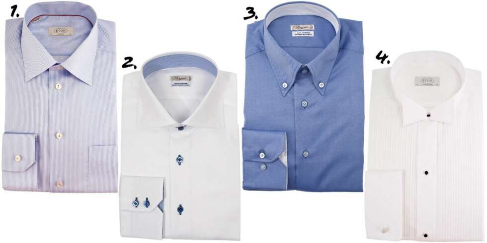 DE ULIKE SNIPPENE: 1. Skjorte med standard krage fra Eton, kr 1600,- 2. Skjorte med cutaway krage fra Pasqui, kr 1399,- 3. Skjorte med button-down krage fra Pasqui, kr 1399,- 4. Smokingskjorte med knekksnipp fra Eton, kr 1600,- DE ULIKE SNIPPENE: 1. Skjorte med standard krage fra Eton, kr 1600,- 2. Skjorte med cutaway krage fra Pasqui, kr 1399,- 3. Skjorte med button-down krage fra Pasqui, kr 1399,- 4. Smokingskjorte med knekksnipp fra Eton, kr 1600,-