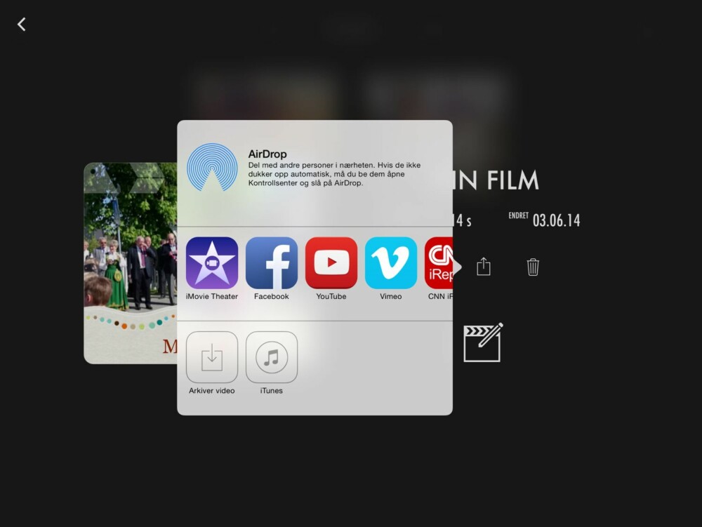 DEL: iMovie for iPad har mange muligheter for deling av den ferdige filmen. DEL: iMovie for iPad har mange muligheter for deling av den ferdige filmen.