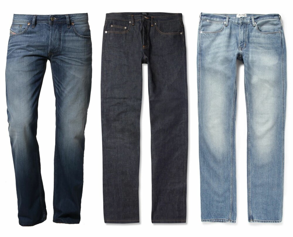 STRAIGHT FIT: Fra venstre: Larkee - Straight leg jeans - 0830Y fra Diesel, kr 899. New Standard Regular-Fit Dry Selvedge Denim Jeans fra A.P.C., kr 1624. Max LT Vintage Washed-Denim Jeans fra Acne, kr 1595. STRAIGHT FIT: Fra venstre: Larkee - Straight leg jeans - 0830Y fra Diesel, kr 899. New Standard Regular-Fit Dry Selvedge Denim Jeans fra A.P.C., kr 1624. Max LT Vintage Washed-Denim Jeans fra Acne, kr 1595.