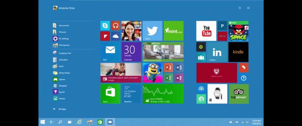 Continuum-startskjermen minner om Windows 8, men har startmeny-elementer til venstre og oppgavelinjen i bunn. Continuum-startskjermen minner om Windows 8, men har startmeny-elementer til venstre og oppgavelinjen i bunn.