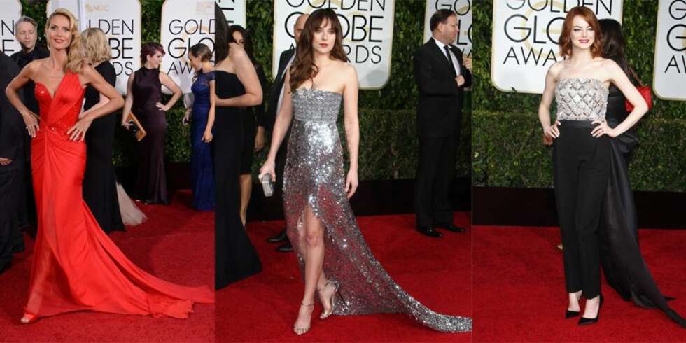 LEKKERT OG ELEGANT: Fra venstre: Heidi Klum, Dakota Johnson og Emma Stone utenfor Golden Globe-utdelingen. LEKKERT OG ELEGANT: Fra venstre: Heidi Klum, Dakota Johnson og Emma Stone utenfor Golden Globe-utdelingen.