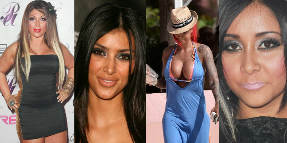 FEIL, FEIL, FEIL, FEIL: Deena Nicole Cortese fra realityserien Jersey shore, realitystjerne og rap-kone Kim Kardashian, glamourmodell Jodie Marsh, og Jersey Shore-karakter Snookie, viser hvordan man ikke bør tråkke i hverken sminke,-selvbrunings,-og klesfellen. FEIL, FEIL, FEIL, FEIL: Deena Nicole Cortese fra realityserien Jersey shore, realitystjerne og rap-kone Kim Kardashian, glamourmodell Jodie Marsh, og Jersey Shore-karakter Snookie, viser hvordan man ikke bør tråkke i hverken sminke,-selvbrunings,-og klesfellen.