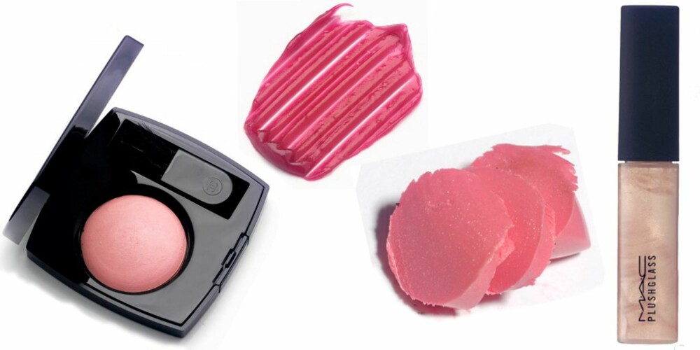 ROSA: Har du bare litt rosa gloss for hånden, kan du legge den i eplekinn som en frisk rouge. Her ser du rouge fra Chanel, gloss fra YSL, leppestift fra Maybelline og lipgloss fra Mac. ROSA: Har du bare litt rosa gloss for hånden, kan du legge den i eplekinn som en frisk rouge. Her ser du rouge fra Chanel, gloss fra YSL, leppestift fra Maybelline og lipgloss fra Mac.