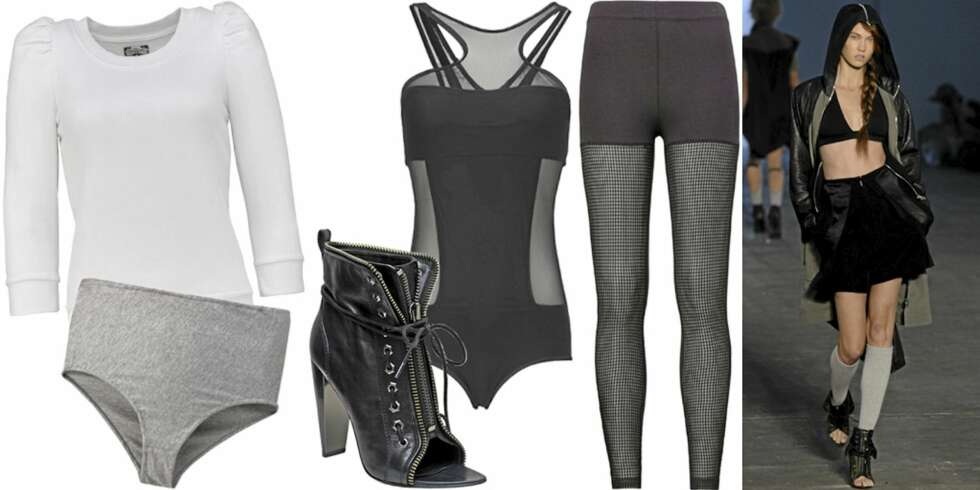 FRA VENSTRE: Genser med puffermer fra Bik Bok (kr 299), truse fra veronica B. Vallenes (kr 800), sko fra ALexander Wang/Mrsh.se (kr 7495), body fra HogM (kr 199), tights fra HogM (kr 199). FRA VENSTRE: Genser med puffermer fra Bik Bok (kr 299), truse fra veronica B. Vallenes (kr 800), sko fra ALexander Wang/Mrsh.se (kr 7495), body fra HogM (kr 199), tights fra HogM (kr 199).
