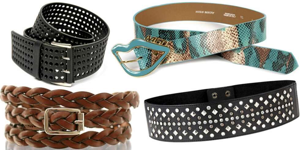 FRA VENSTRE: Brunt flettebelte fra Filippa K (kr 1149), svart med hull fra Mango (kr 349), slangeskinnsbelte gra Miss Sixty (kr 599), svart med strass fra Lindex (kr 99). FRA VENSTRE: Brunt flettebelte fra Filippa K (kr 1149), svart med hull fra Mango (kr 349), slangeskinnsbelte gra Miss Sixty (kr 599), svart med strass fra Lindex (kr 99).