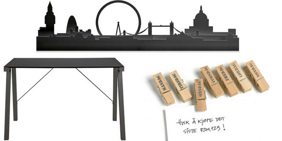 GJØR RENT BORD: Skyline London, kr 1699, Bolina. Typhoon skrivebord i svart stål, b125 x d65 x h78 cm, kr 995, Skeidar, og klesklyper med ukedagene på, kr 79, Bolina. GJØR RENT BORD: Skyline London, kr 1699, Bolina. Typhoon skrivebord i svart stål, b125 x d65 x h78 cm, kr 995, Skeidar, og klesklyper med ukedagene på, kr 79, Bolina.