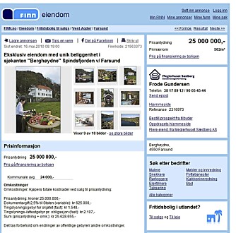 DYREST: Den dyreste fritidsboligen som var til salgs på Finn.no i slutten av juni var dette stedet ved Farsund. Pris: 25 000 000 kroner. DYREST: Den dyreste fritidsboligen som var til salgs på Finn.no i slutten av juni var dette stedet ved Farsund. Pris: 25 000 000 kroner.