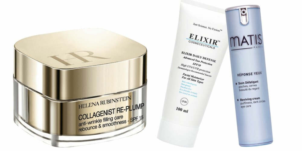 HUDPLEIE: Antirynkedagkrem som skal glatte ut huden og øke den naturlige produksjonen av kollagen. Collagenist Re-Plump fra Helena Rubinstein, kr 900.Avansert solkrem som også kan brukes som dagkrem og som skal forebygge rynker og pigmentering. Elixir Daily Defense med solfaktor 30 fra Elixir, kr 690.Øyekrem som skal redusere mørke ringer og hovne øyne, samt gi fukt og beskyttelse. Réponse Yeux Reviving Cream fra Matis, kr 549. HUDPLEIE: Antirynkedagkrem som skal glatte ut huden og øke den naturlige produksjonen av kollagen. Collagenist Re-Plump fra Helena Rubinstein, kr 900.Avansert solkrem som også kan brukes som dagkrem og som skal forebygge rynker og pigmentering. Elixir Daily Defense med solfaktor 30 fra Elixir, kr 690.Øyekrem som skal redusere mørke ringer og hovne øyne, samt gi fukt og beskyttelse. Réponse Yeux Reviving Cream fra Matis, kr 549.