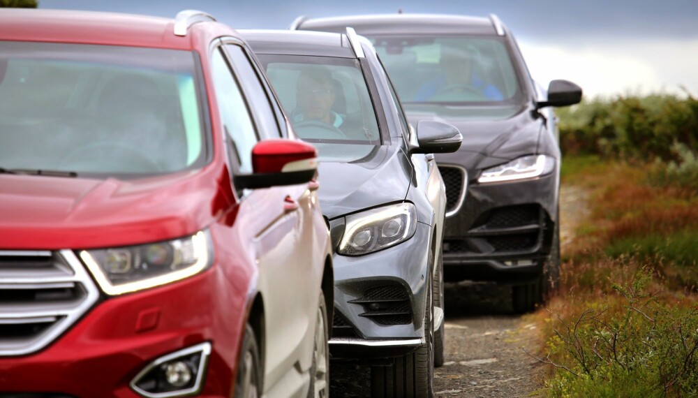 GODE TING: Alle gode ting er tre, heter det. Vi tok med Ford Edge, Mercedes-Benz GLC 350e og Jaguar F-Pace til fjells og satt dem skikkelig på prøve. GODE TING: Alle gode ting er tre, heter det. Vi tok med Ford Edge, Mercedes-Benz GLC 350e og Jaguar F-Pace til fjells og satt dem skikkelig på prøve.