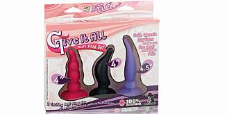 BUTT PLUGG: Give it all analsett. Dette settet inneholder tre ulike plugger i silikon. 299 kroner, Kondomeriet.no. BUTT PLUGG: Give it all analsett. Dette settet inneholder tre ulike plugger i silikon. 299 kroner, Kondomeriet.no.