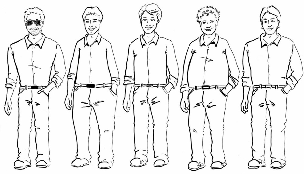 DE FEM VANLIGSTE KROPPSFASONGENE: Fra venstre: V-form, A-form, parallell, oval og trapes. DE FEM VANLIGSTE KROPPSFASONGENE: Fra venstre: V-form, A-form, parallell, oval og trapes.