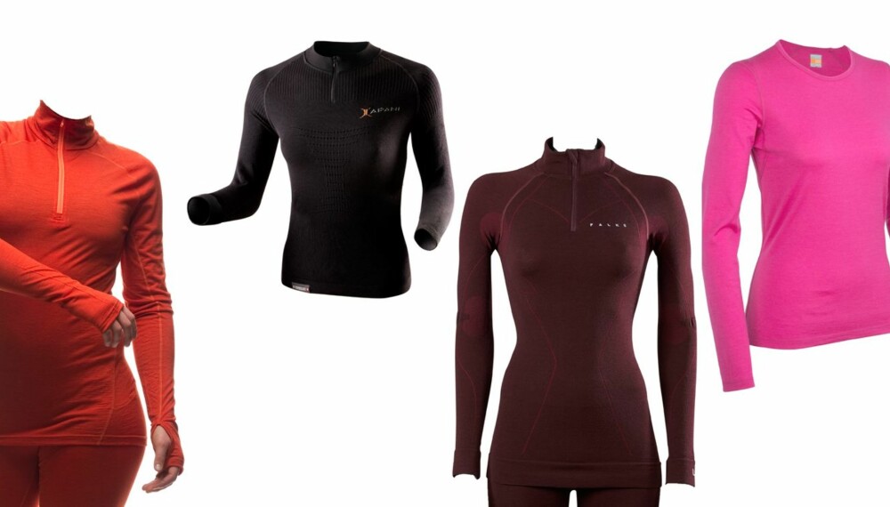 TEST: Disse fire ulltrøyene får toppkarakter i vår test. Fra venstre: Houdini Women's Airborn, Apani/X-Bionic, Falke Skiing Wool Tec Women og Icebreaker Bodyfit 200 Lightweight. TEST: Disse fire ulltrøyene får toppkarakter i vår test. Fra venstre: Houdini Women's Airborn, Apani/X-Bionic, Falke Skiing Wool Tec Women og Icebreaker Bodyfit 200 Lightweight.