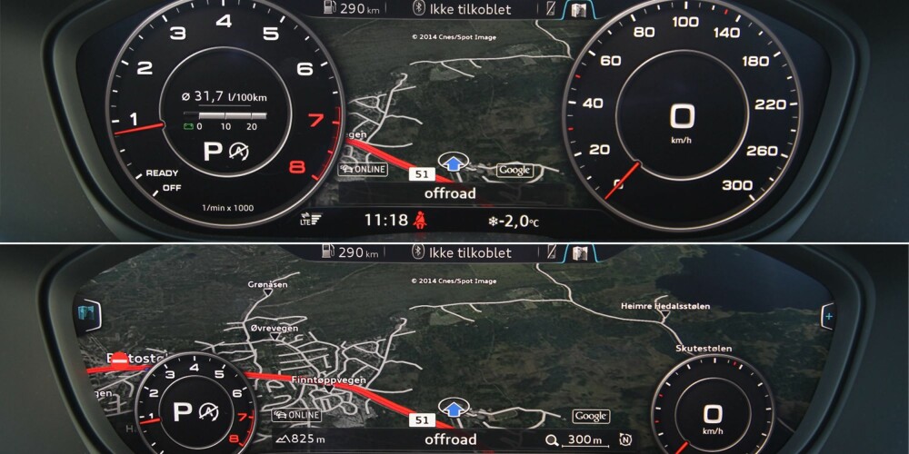 TO VALG: Den 12,3 tommer store skjermen bak rattet gir deg flere visningsvalg. Skal du navigere, kan turteller og speedometer krympes slik at kartet kommer tydeligere fram. TO VALG: Den 12,3 tommer store skjermen bak rattet gir deg flere visningsvalg. Skal du navigere, kan turteller og speedometer krympes slik at kartet kommer tydeligere fram.