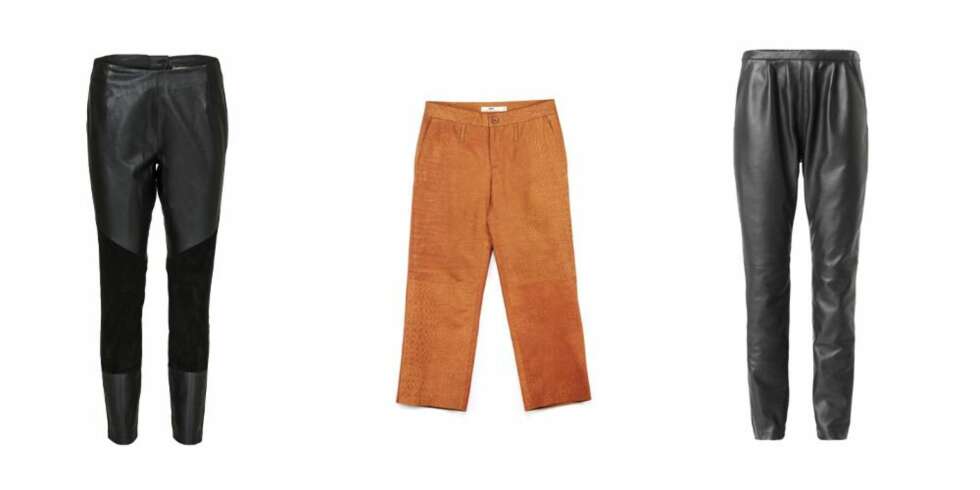 SKINN: Fra venstre: Baggy skinnbukser fra Custommade, kroner 2499. Beige skinnbukser fra By Malene Birger, kroner 1399. Skinny tights fra Hope, kroner 1900. SKINN: Fra venstre: Baggy skinnbukser fra Custommade, kroner 2499. Beige skinnbukser fra By Malene Birger, kroner 1399. Skinny tights fra Hope, kroner 1900.