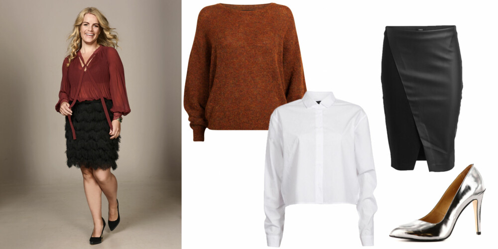 KLAR TIL FEST: Jenny har på seg: Bluse fra Bik Bok, kr 300. Skjørt fra Lindex, kr 300. Klokke fra Dyrberg/Kern, kr 1750. Armbånd fra Dyrberg/Kern, kr 670. Plukk: Skjorte fra Never Denim, kr 400. Metalliske sko fra Sapatos, kr 1295. Blyantskjørt fra Lindex, kr 300. Strikkegenser fra Bik Bok, kr 800. KLAR TIL FEST: Jenny har på seg: Bluse fra Bik Bok, kr 300. Skjørt fra Lindex, kr 300. Klokke fra Dyrberg/Kern, kr 1750. Armbånd fra Dyrberg/Kern, kr 670. Plukk: Skjorte fra Never Denim, kr 400. Metalliske sko fra Sapatos, kr 1295. Blyantskjørt fra Lindex, kr 300. Strikkegenser fra Bik Bok, kr 800.