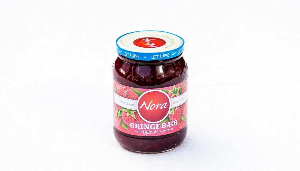 TEST AV BRINGEBÆRSYLTETØY: Nora bringebærsyltetøy original. TEST AV BRINGEBÆRSYLTETØY: Nora bringebærsyltetøy original.