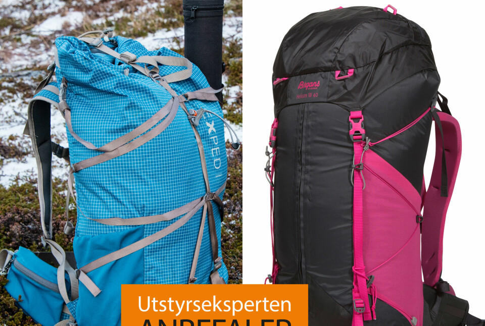 ANBEFALINGER: Exped Lightning (tv): Lett og enkel tursekk på 45 eller 60 liter. Finnes i både dame- og herreutgave. Bergans Helium (th): Lett og minimalistisk dagstursekk med godt bæresystem. Finnes i 40 og 55 liter i både herre. og dameversjon. ANBEFALINGER: Exped Lightning (tv): Lett og enkel tursekk på 45 eller 60 liter. Finnes i både dame- og herreutgave. Bergans Helium (th): Lett og minimalistisk dagstursekk med godt bæresystem. Finnes i 40 og 55 liter i både herre. og dameversjon.