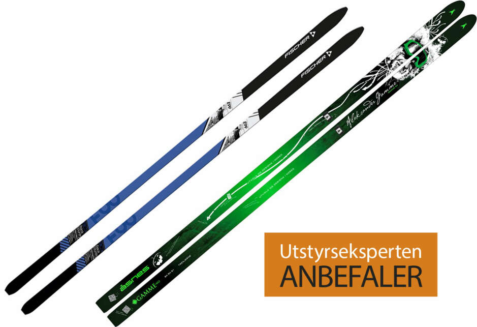 Fisher E99
Crown Xtralite
Et godt valg om du ønsker smørefrie ski. Har stålkanter i full lengde, ganske kraftig spenn og smørefritt mønster i spennsonen. Det gir nok feste til å trekke en moderat tung pulk om terrenget ikke er for bratt. Et godt valg for den som primært bruker skiene til å gå, uten særlig fokus på nedkjøring. Går ned i vanlige skispor og passer fint med NNN BC-binding.
Pris: 3049,- Åsnes Gamme
Allsidig fjellski som er ganske lengdestiv, men
samtidig lett å svinge. Har stålkant i full lengde, rockertupp og fellelås. Sett på NNN BC-binding om du først og fremst går bortover og 75 mm-binding med kabel om du også tenker å bruke den på toppturer og til røffere lek.
Pris: 3799,- Fisher E99
Crown Xtralite
Et godt valg om du ønsker smørefrie ski. Har stålkanter i full lengde, ganske kraftig spenn og smørefritt mønster i spennsonen. Det gir nok feste til å trekke en moderat tung pulk om terrenget ikke er for bratt. Et godt valg for den som primært bruker skiene til å gå, uten særlig fokus på nedkjøring. Går ned i vanlige skispor og passer fint med NNN BC-binding.
Pris: 3049,- Åsnes Gamme
Allsidig fjellski som er ganske lengdestiv, men
samtidig lett å svinge. Har stålkant i full lengde, rockertupp og fellelås. Sett på NNN BC-binding om du først og fremst går bortover og 75 mm-binding med kabel om du også tenker å bruke den på toppturer og til røffere lek.
Pris: 3799,-
