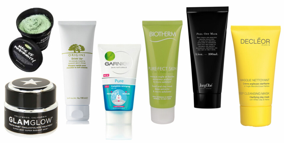ANSIKTSMASKE: Her ser du ansiktsmasker fra Lush, Glamglow, Origins, Garnier, Biotherm, JorgObe og Declèor. Foto: Produsentene. ANSIKTSMASKE: Her ser du ansiktsmasker fra Lush, Glamglow, Origins, Garnier, Biotherm, JorgObe og Declèor. Foto: Produsentene.
