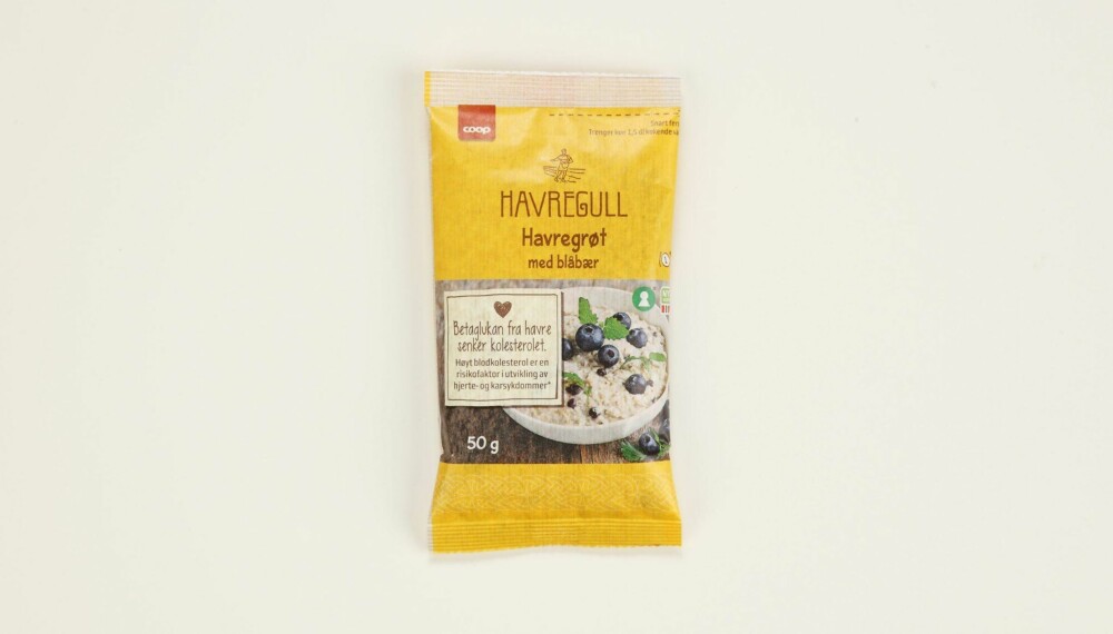 Coop Havregull havregrøt med blåbær
Produsent: Stangeland Mølle AS/Coop
Pris: Kr 7
Mengde tørrvare: 50 g
Næringsinnhold pr. porsjon:
Energi: 189 kcal
Fett/hvorav mettet: 3,9/0,7 g
Karbohydrater: 31 g
Hvorav sukkerarter: 2,6 g
Protein: 6 g
Kostfiber: 3,3 g
Salt: 0,15 g
Tilsatt sukker: Ja
Andel havre: 94 %
Denne havregrøten med blåbær har lavt sukkerinnhold, og det er kun blåbærene som er søtet litt. Taper litt i poengkampen siden porsjonen gir lite protein og lite fiber.
Terningkast: 3 *** Local Caption *** Coop Havregull havregrøt med blåbær
Produsent: Stangeland Mølle AS/Coop
Pris: Kr 7
Mengde tørrvare: 50 g
Næringsinnhold pr. porsjon:
Energi: 189 kcal
Fett/hvorav mettet: 3,9/0,7 g
Karbohydrater: 31 g
Hvorav sukkerarter: 2,6 g
Protein: 6 g
Kostfiber: 3,3 g
Salt: 0,15 g
Tilsatt sukker: Ja
Andel havre: 94 %
Denne havregrøten med blåbær har lavt sukkerinnhold, og det er kun blåbærene som er søtet litt. Taper litt i poengkampen siden porsjonen gir lite protein og lite fiber.
Terningkast: 3
---------------------------
Oslo/studio 20170306;
Shape-Up
Hjemmet
Klikk.no
Tester
Havre
Havreblandinger
Oslo/studio 06032017;
Shape-Up
Hjemmet
Klikk.no
Tester
Havre
Havreblandinger Coop Havregull havregrøt med blåbær
Produsent: Stangeland Mølle AS/Coop
Pris: Kr 7
Mengde tørrvare: 50 g
Næringsinnhold pr. porsjon:
Energi: 189 kcal
Fett/hvorav mettet: 3,9/0,7 g
Karbohydrater: 31 g
Hvorav sukkerarter: 2,6 g
Protein: 6 g
Kostfiber: 3,3 g
Salt: 0,15 g
Tilsatt sukker: Ja
Andel havre: 94 %
Denne havregrøten med blåbær har lavt sukkerinnhold, og det er kun blåbærene som er søtet litt. Taper litt i poengkampen siden porsjonen gir lite protein og lite fiber.
Terningkast: 3 *** Local Caption *** Coop Havregull havregrøt med blåbær
Produsent: Stangeland Mølle AS/Coop
Pris: Kr 7
Mengde tørrvare: 50 g
Næringsinnhold pr. porsjon:
Energi: 189 kcal
Fett/hvorav mettet: 3,9/0,7 g
Karbohydrater: 31 g
Hvorav sukkerarter: 2,6 g
Protein: 6 g
Kostfiber: 3,3 g
Salt: 0,15 g
Tilsatt sukker: Ja
Andel havre: 94 %
Denne havregrøten med blåbær har lavt sukkerinnhold, og det er kun blåbærene som er søtet litt. Taper litt i poengkampen siden porsjonen gir lite protein og lite fiber.
Terningkast: 3
---------------------------
Oslo/studio 20170306;
Shape-Up
Hjemmet
Klikk.no
Tester
Havre
Havreblandinger
Oslo/studio 06032017;
Shape-Up
Hjemmet
Klikk.no
Tester
Havre
Havreblandinger